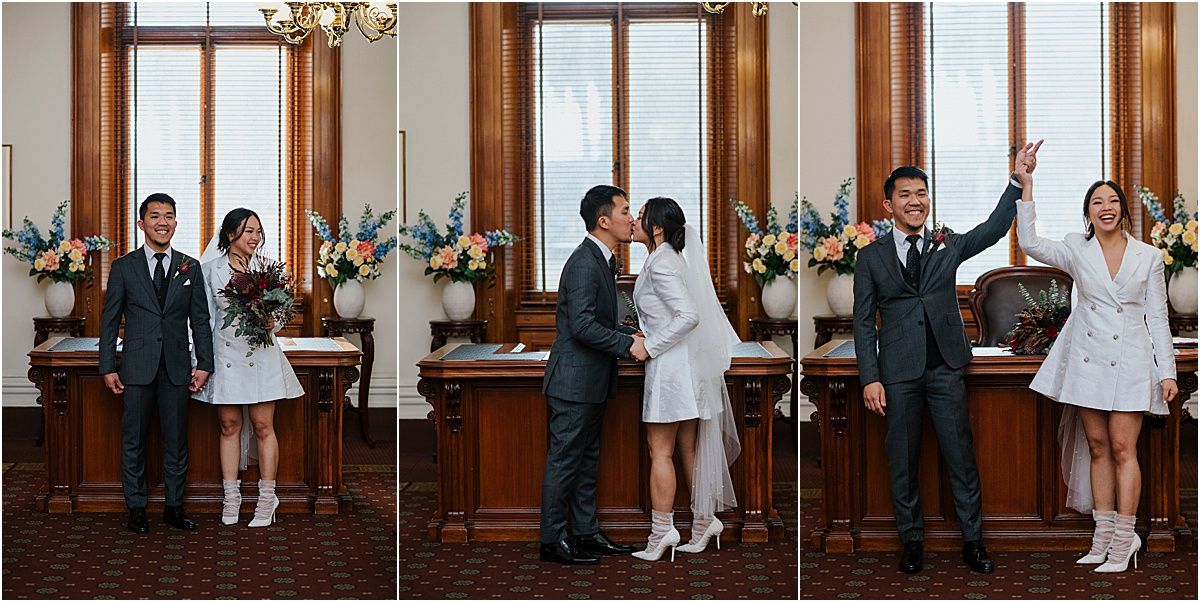 A triptych of celebratory moments showing a couple sharing joyful interactions in an elegant room with floral decor.