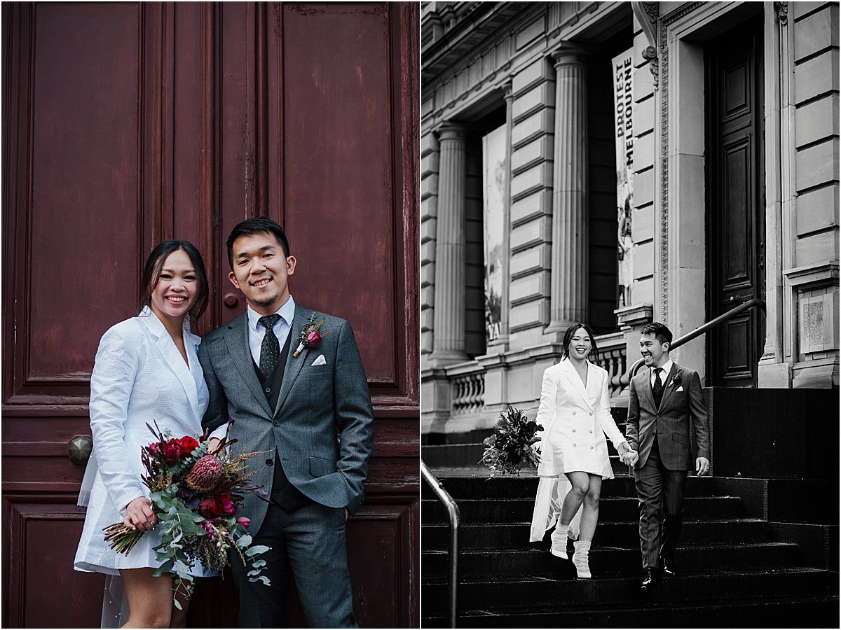 A collection of four wedding photography shots showing intimate moments between newlyweds in front of classic architecture.