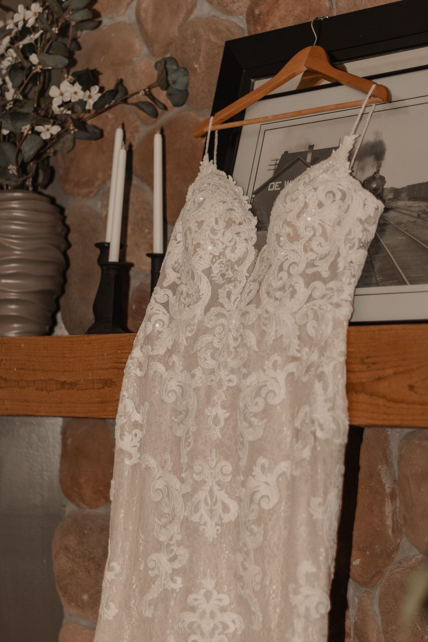Close-up of wedding dress lace detailing with softly blurred greenery in the foreground, highlights intricate textures.