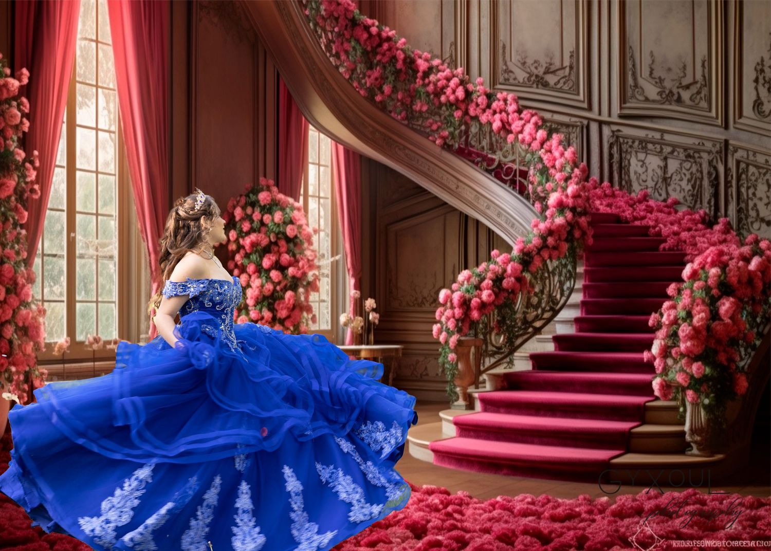 Luxurious blue ball gown captured on grand staircase adorned with pink floral arrangements and red carpet.