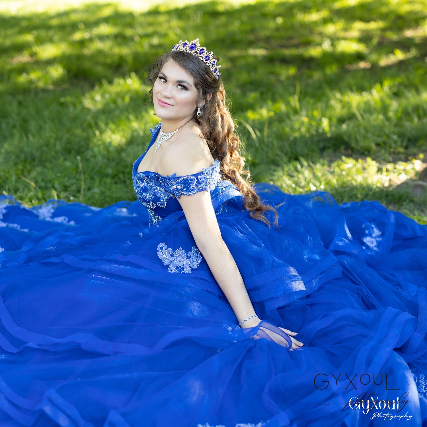 Beautiful royal blue ball gown with embellished bodice and full tulle skirt photographed on green lawn.