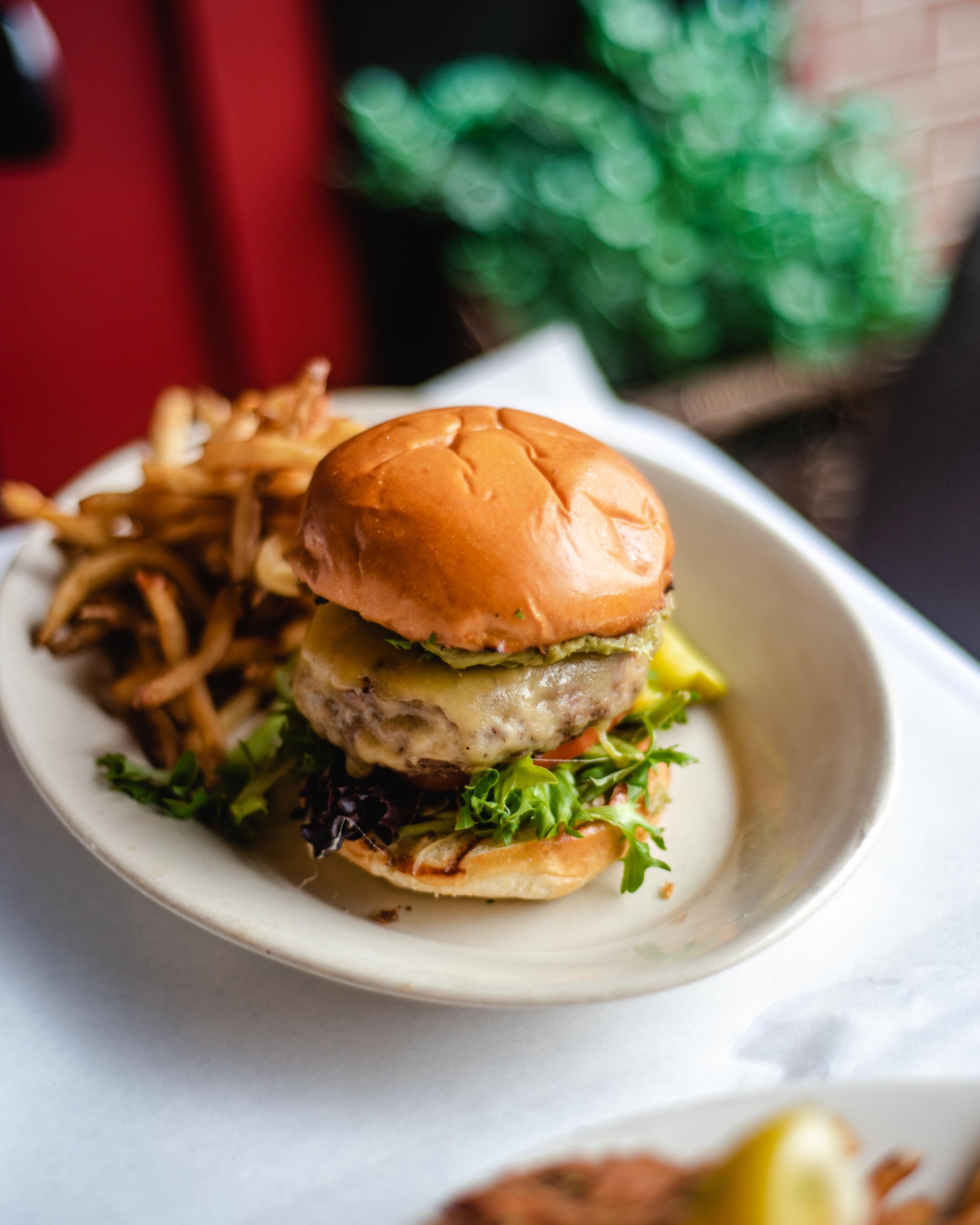 Juicy gourmet burger topped with melted cheese and greens, served with shoestring fries on a plate.