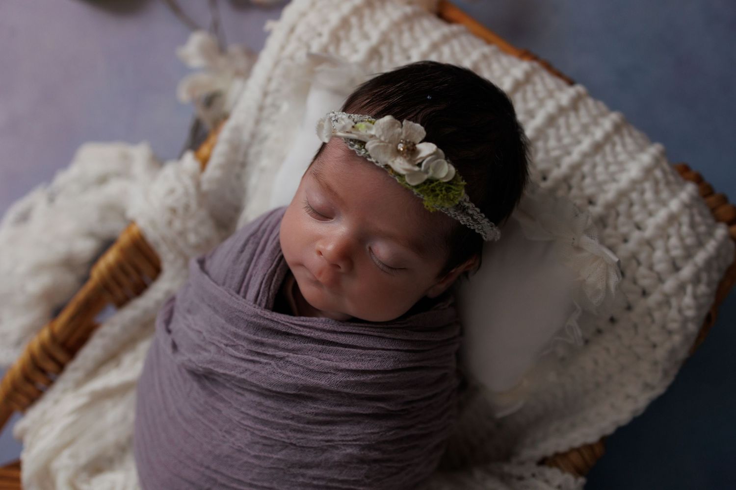 A collection of cozy newborn photos featuring a baby wrapped in purple swaddle blankets on soft white textiles.