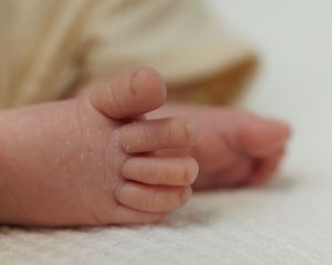 A close-up series of eight photos showing tiny newborn baby fingers against a soft white background.