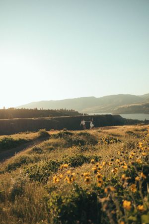 Couple walking through golden wildflower meadow at sunset with mountain lake views in the Columbia River Gorge.