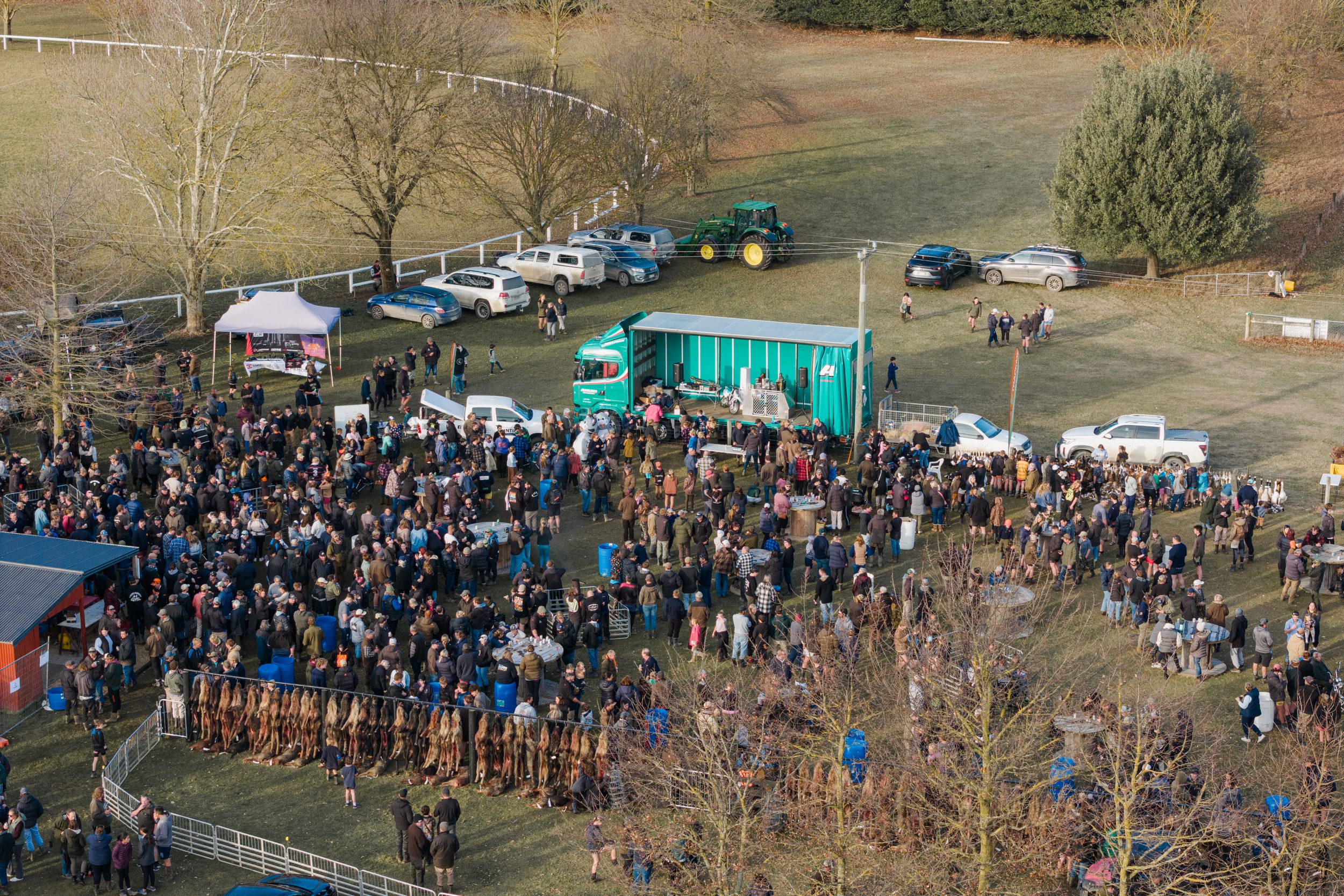 drone photo in rotherham of North Canterbury hunting competition, with Amuri transport truck used as the stage