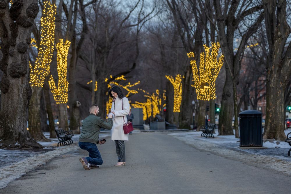 A couple shares a romantic moment on a winter path lined with glowing yellow lights wrapped around bare trees.