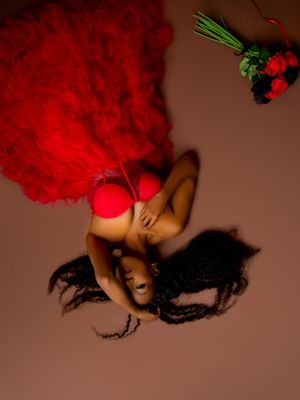 Artistic overhead portrait with vibrant red feathers and scattered black hair against brown background.