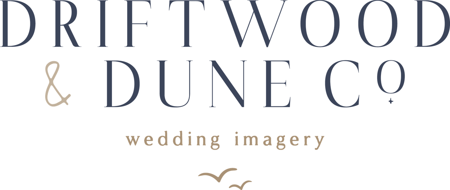 Driftwood & Dune Co wedding imagery logo in navy blue text.