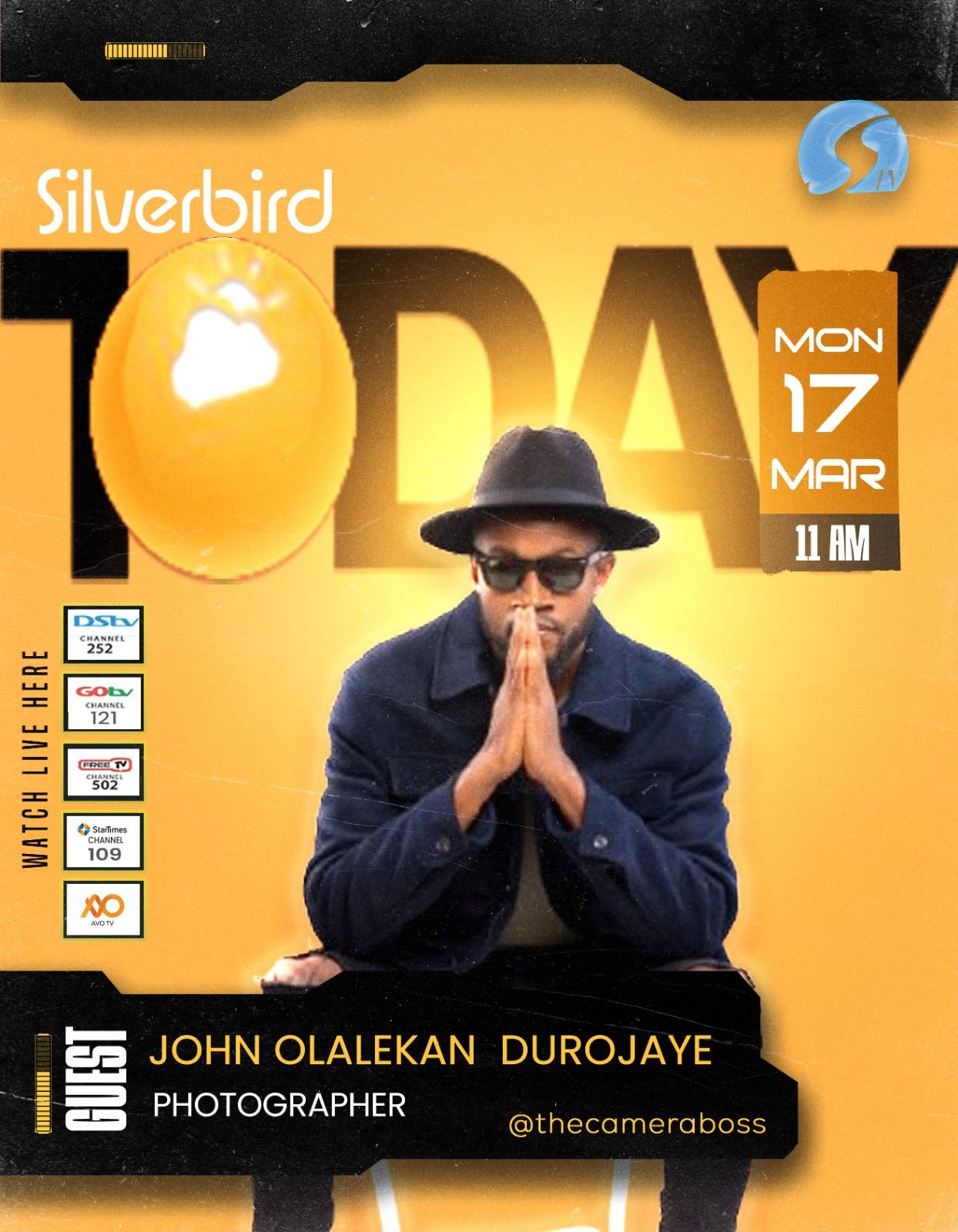 Professional event flyer with orange gradient background featuring a photographer in a black hat and sunglasses.
