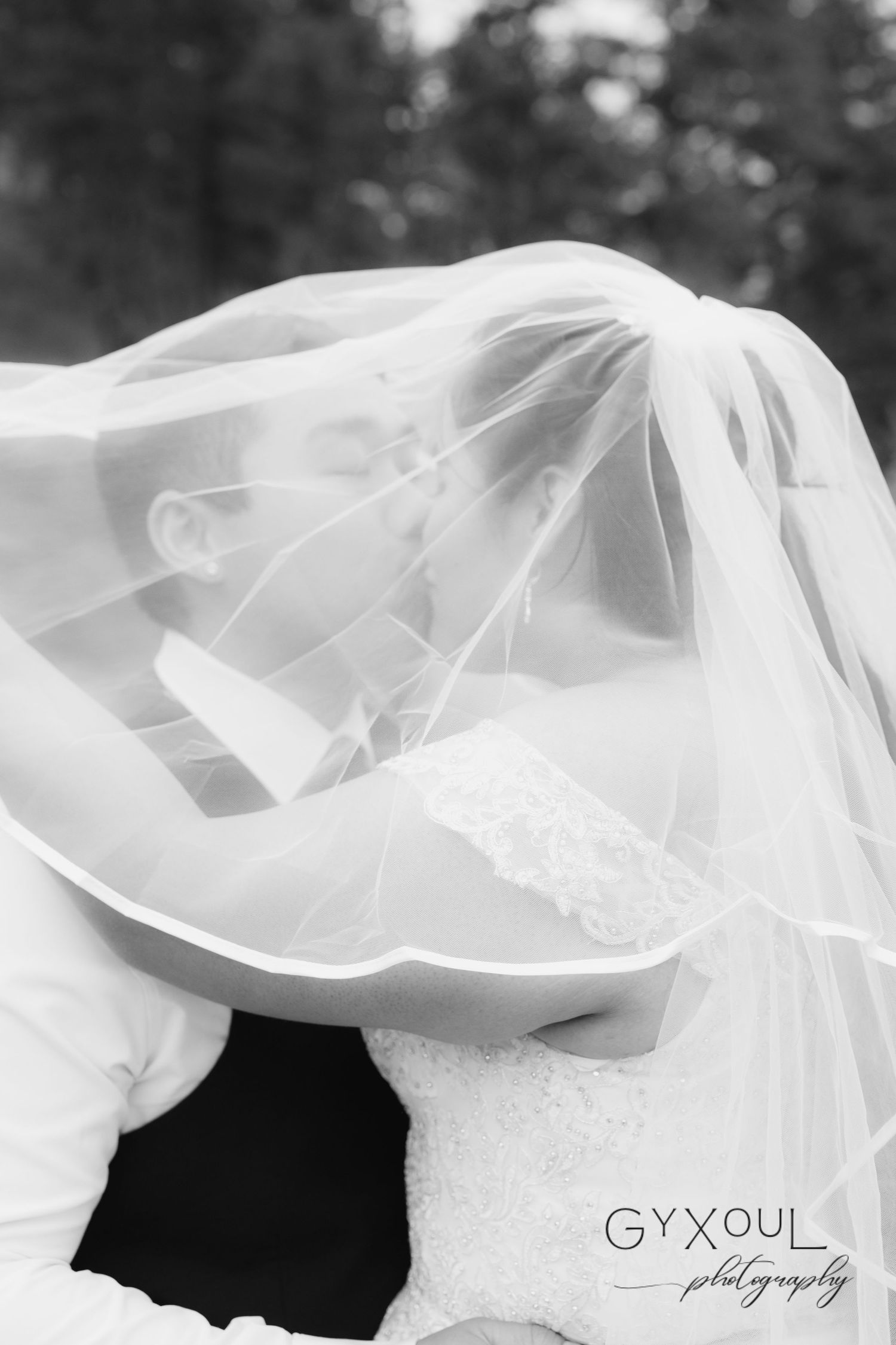 Artistic black and white close-up of delicate bridal veil details.