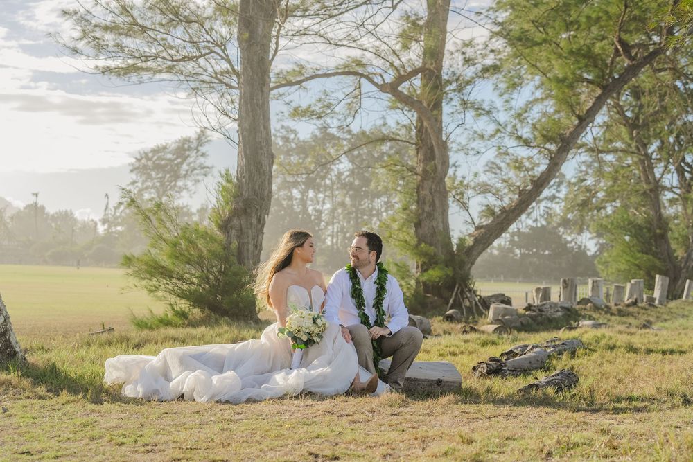Romantic wedding couple poses in a series of outdoor shots under trees at a scenic countryside location.