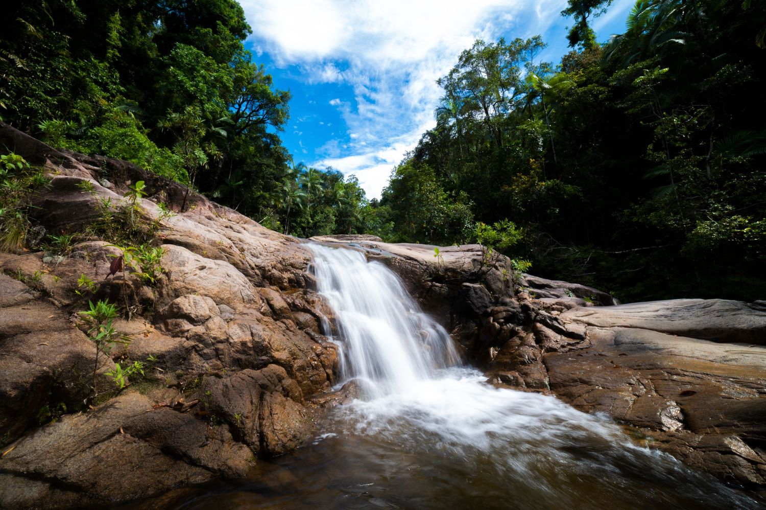 Multiple waterfalls flowing over granite rock face surrounded by lush forest canopy.