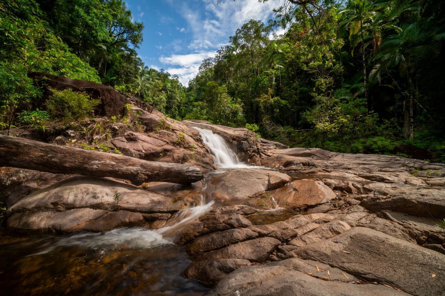 Wide angle view of water flowing over exposed rock shelf in tropical forest setting.