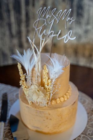 An elegant two-tier wedding cake decorated with white feathers and gold accents.