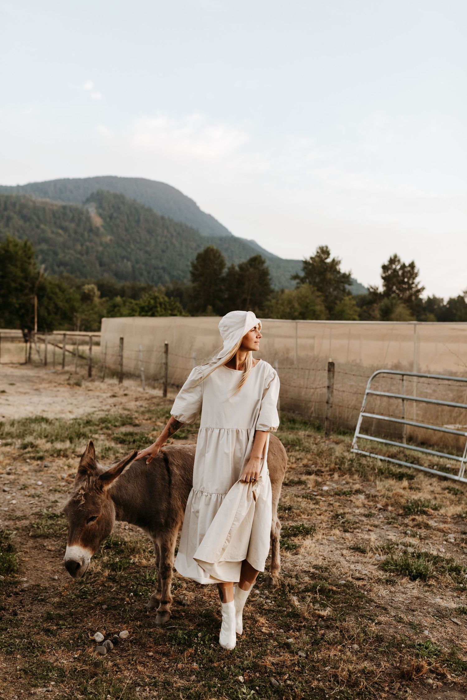 A rustic countryside scene with a white dress and bonnet beside a donkey against mountain backdrop.
