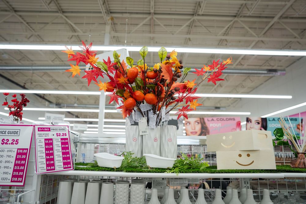 Retail store interior with artificial fall foliage decorations hanging from white ceiling and bright fluorescent lighting.
