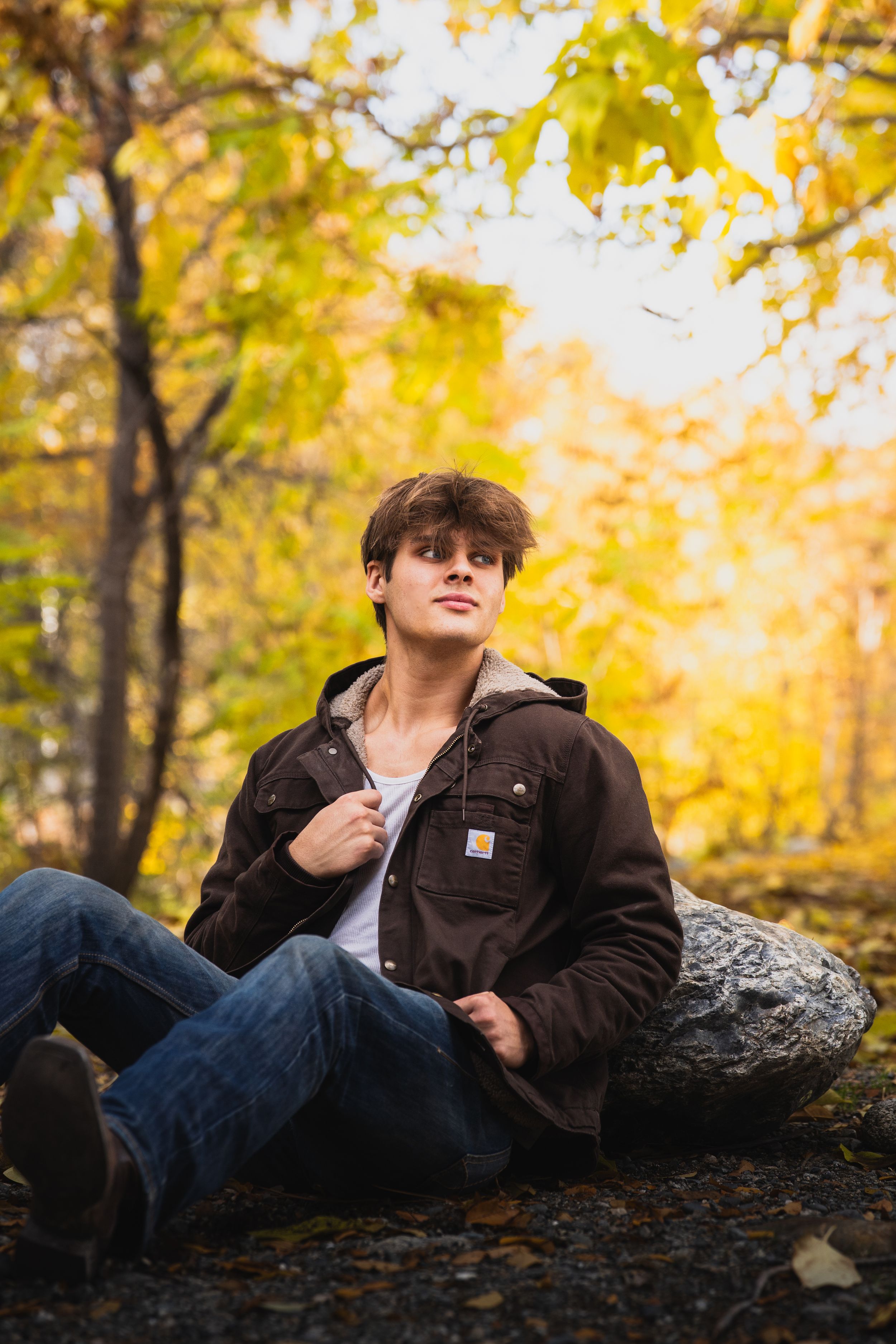 Person in brown jacket lounging on fallen tree with golden autumn leaves in background.