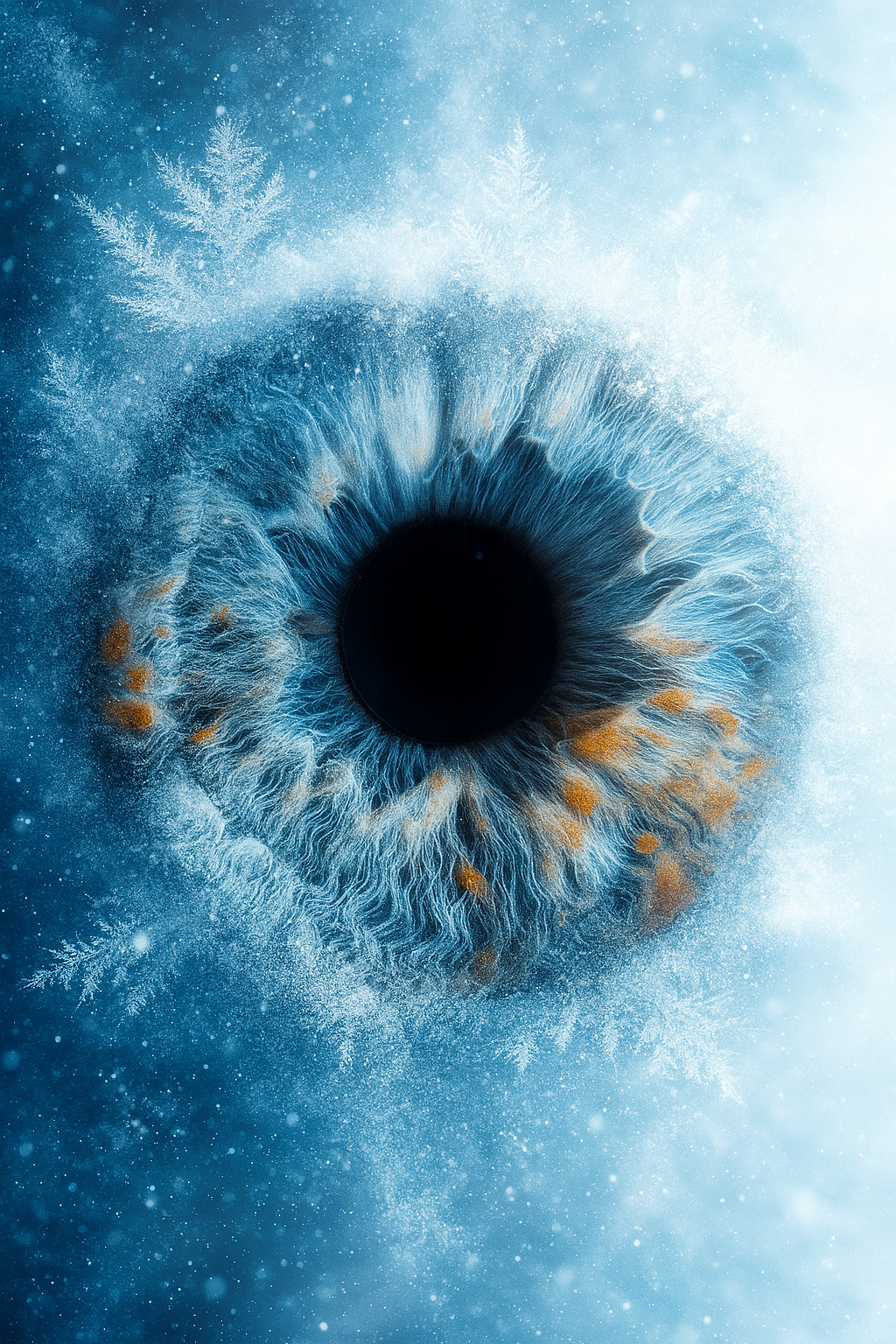 Artistic macro photograph of a blue human iris with snowflake patterns and golden accents against a frosty background.