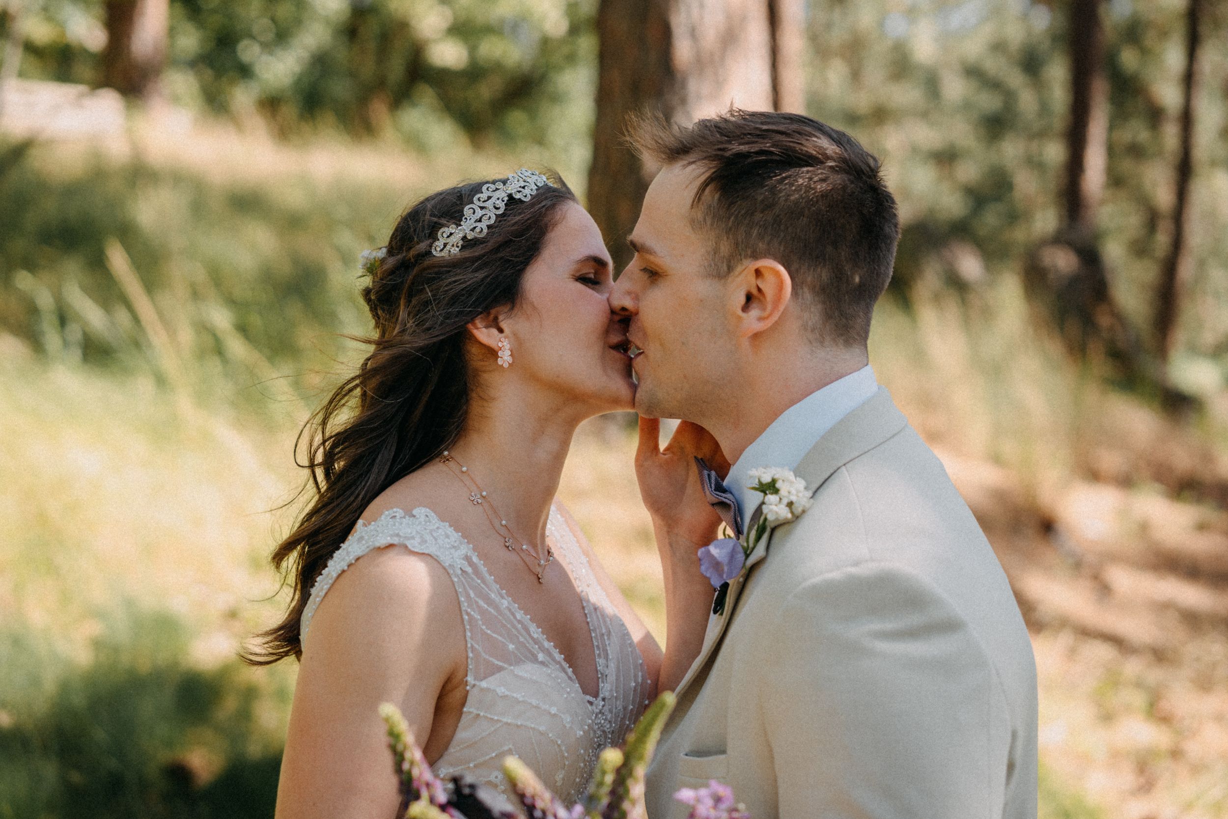 A romantic series of outdoor wedding photos showing intimate moments between a couple in natural lighting.