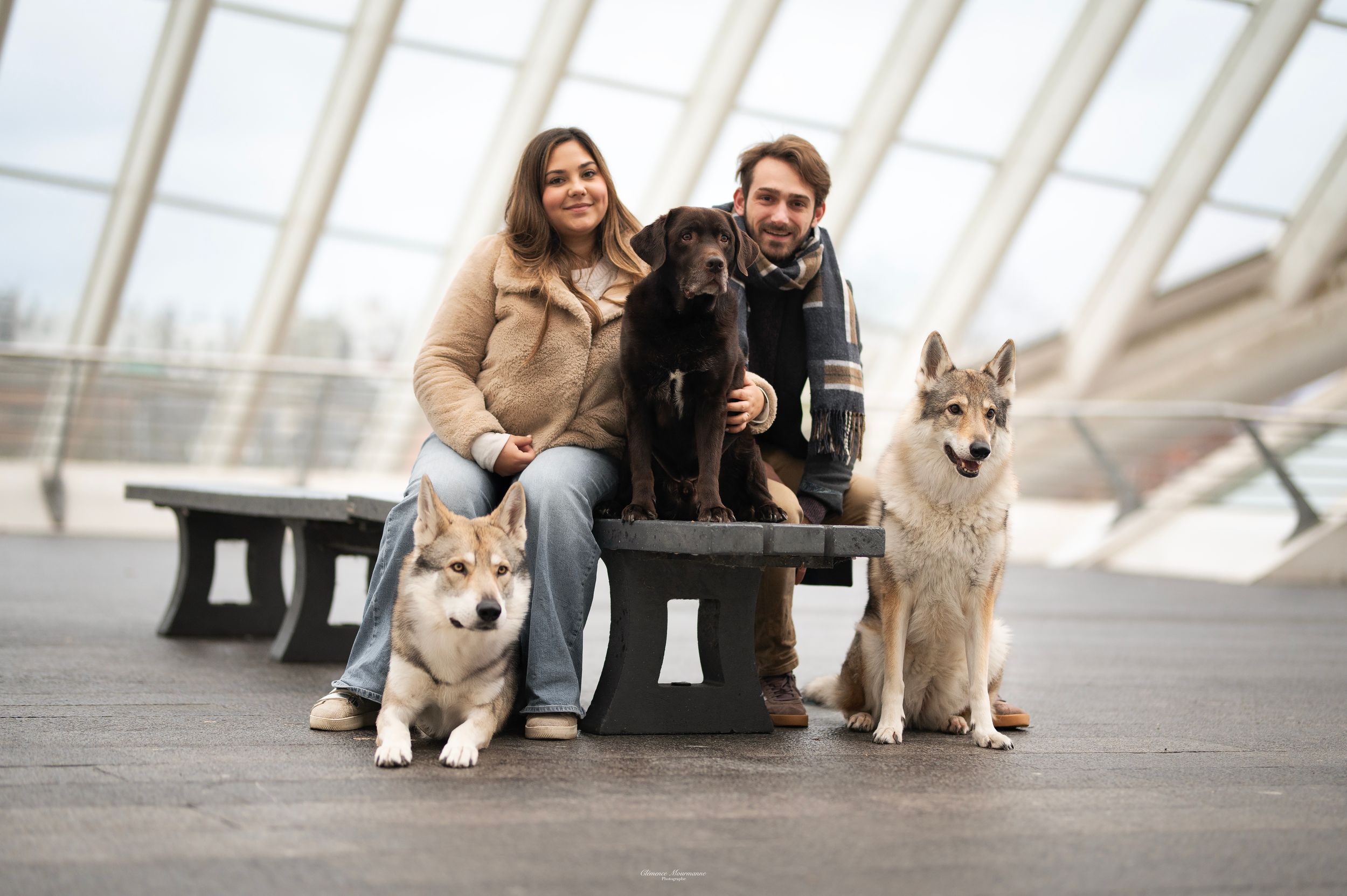 People and dog posing together in a modern white architectural space with slanted windows.