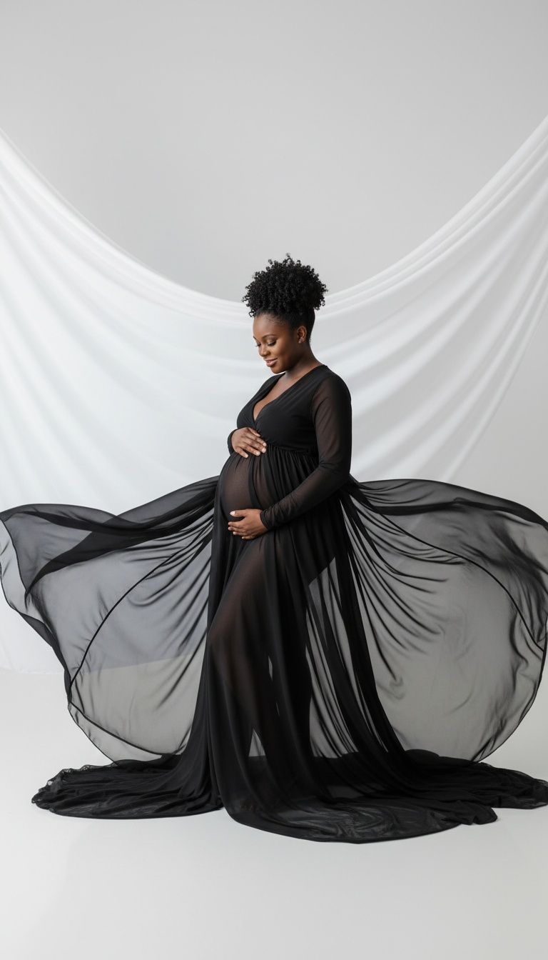 Artistic maternity photo sequence showing a flowing black dress against white backdrop as the subject moves gracefully.