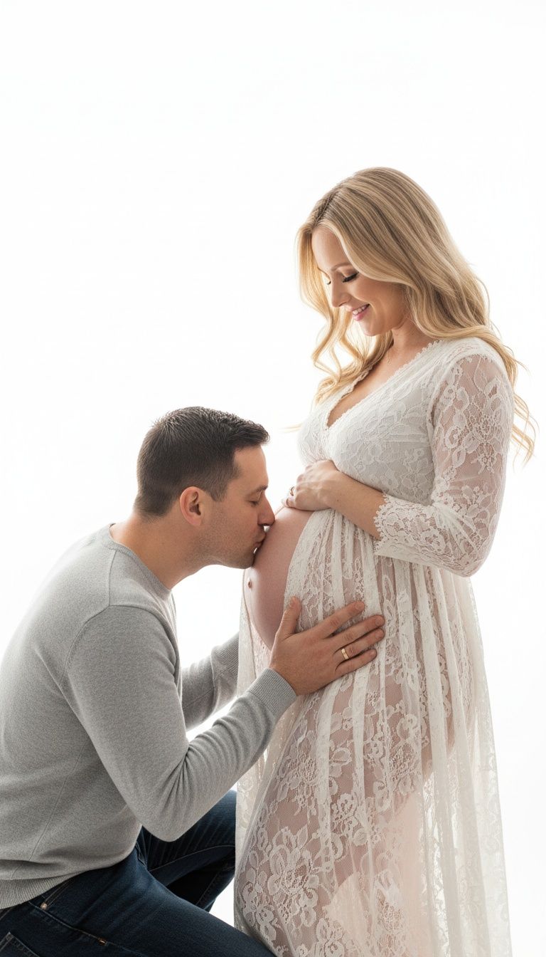 A tender maternity photo showing an intimate moment between expectant parents in white lace dress and grey sweater.