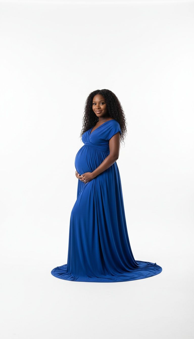 A pregnant woman wearing a flowing royal blue maternity gown poses gracefully against a white background.