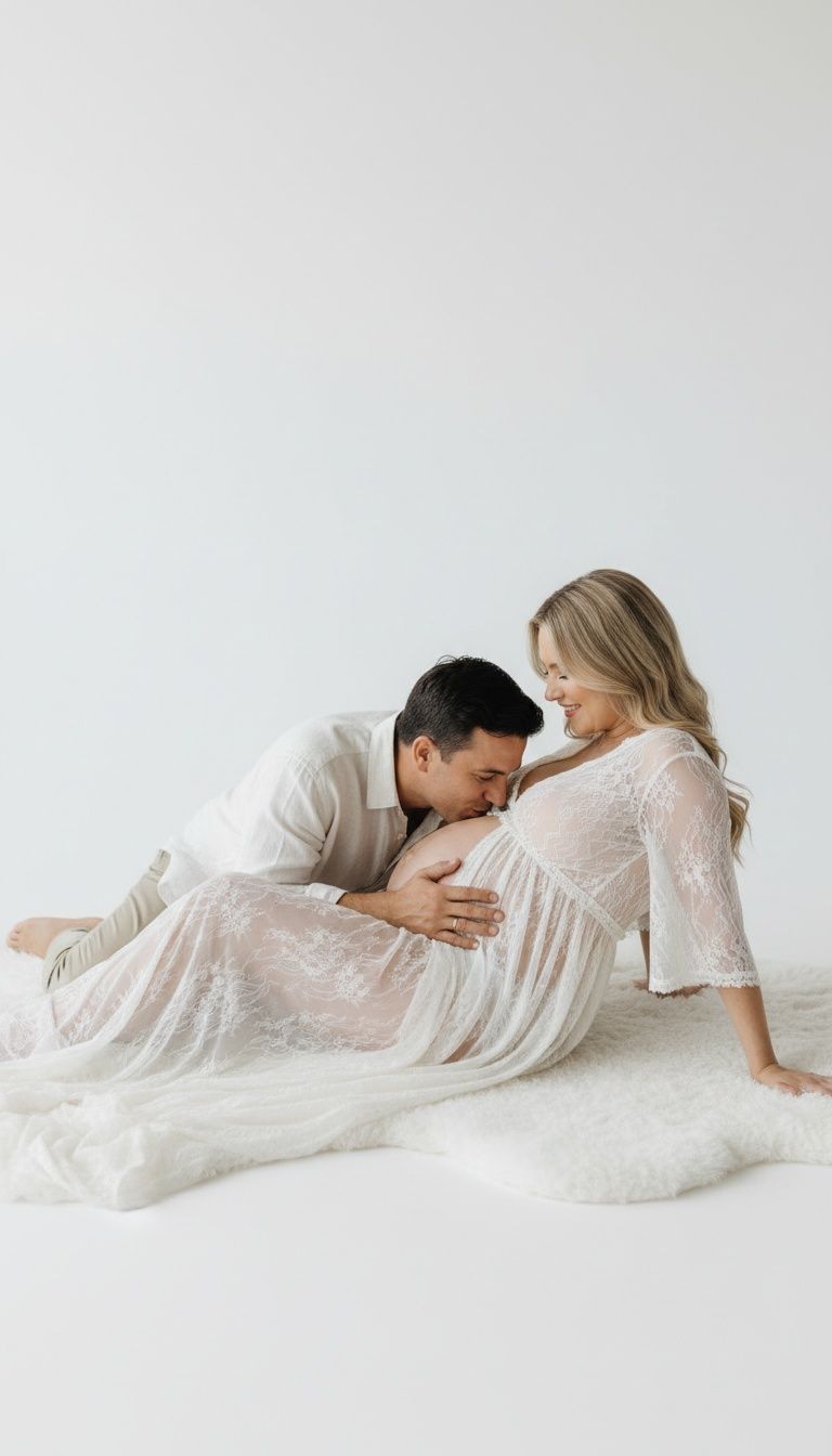 A series of intimate maternity photos showing a couple in white lace dress lying together on a white background.