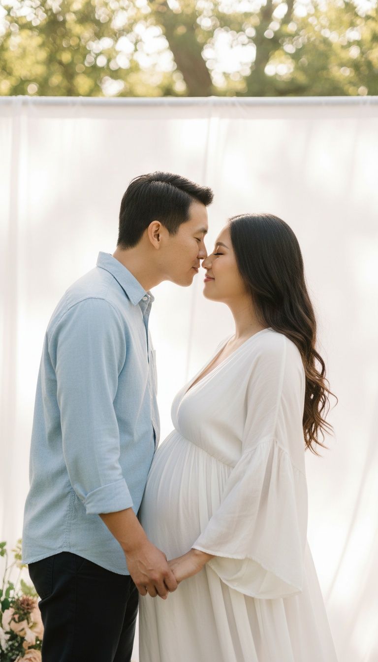 A romantic couple in light blue and white outfits share tender moments against a sunlit outdoor backdrop.