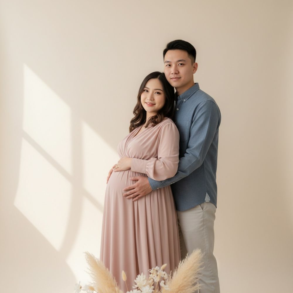 Maternity photo series showing couple in soft lighting against neutral wall with woman in flowing pink dress.