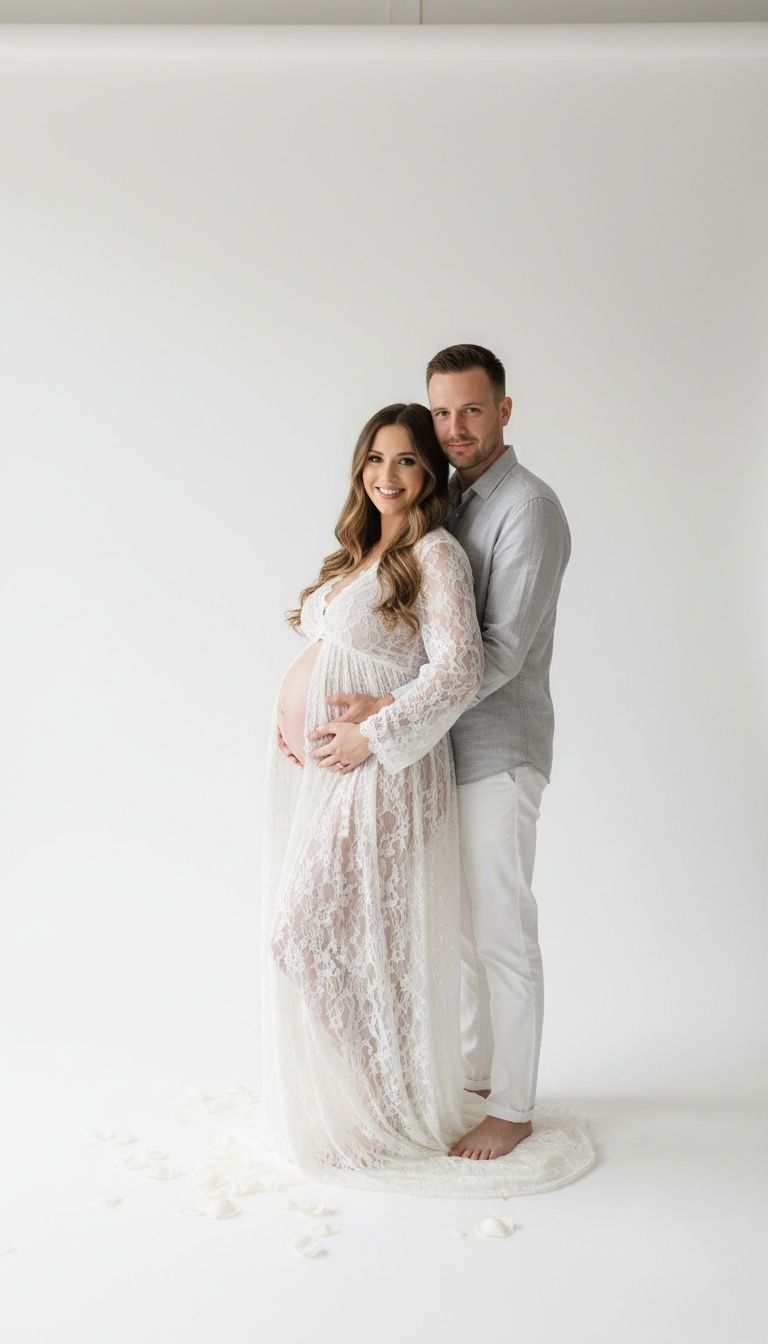 A couple in white attire poses for intimate maternity photos against a minimalist white studio backdrop.