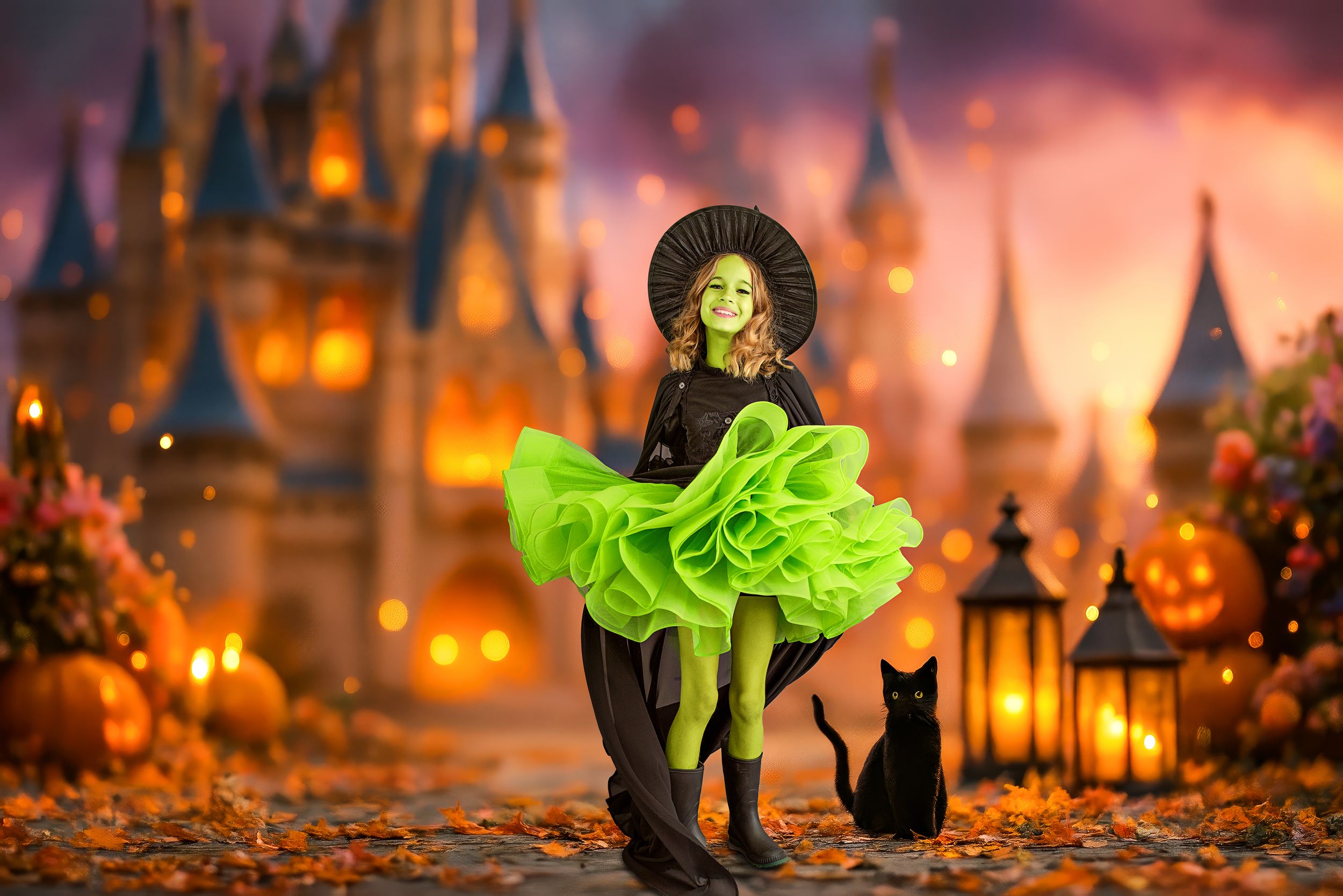 A girl in a black and green Elphaba witch outfit in front of an orange castle with a black cat