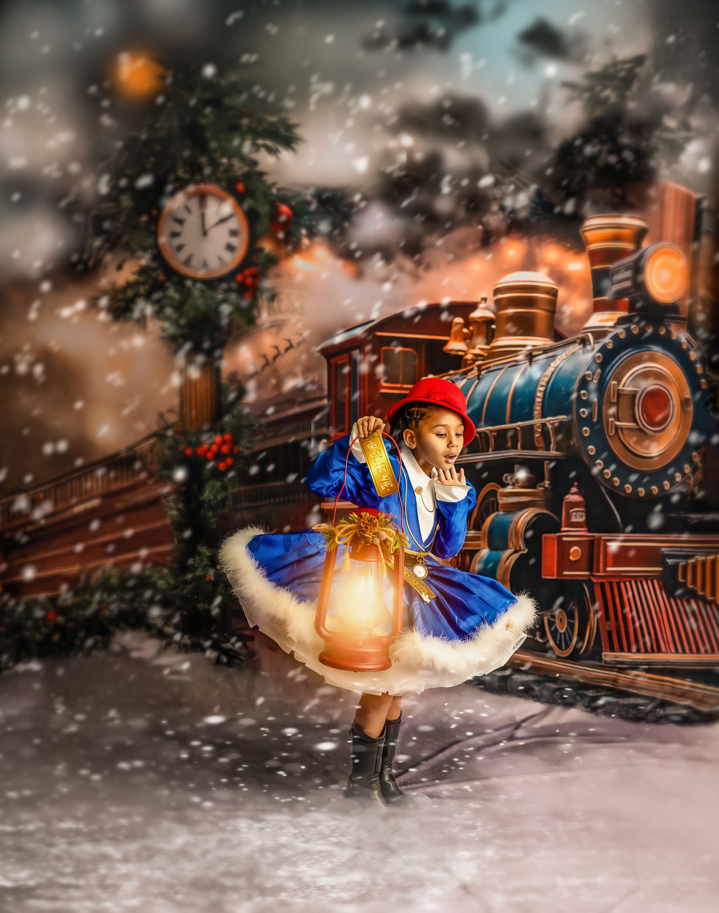 A girl holding a lit lantern in a blue conductor dress in front of the North Pole Express train waiting to go to the North Pole to see Santa