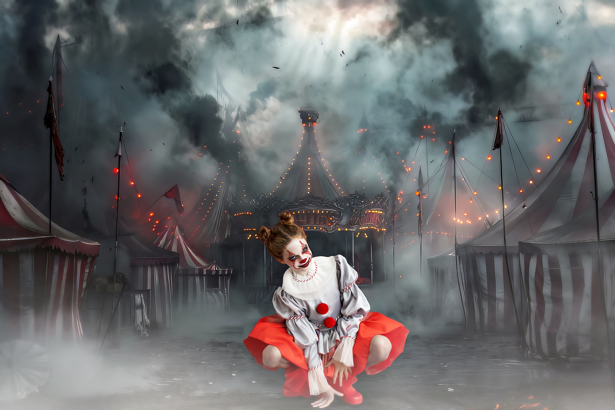 Girl in a Pennywise the clown costume in front of an eerie circus scene