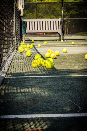 Tennis balls scattered across a court surface with a wooden bench visible in the background near the fence.