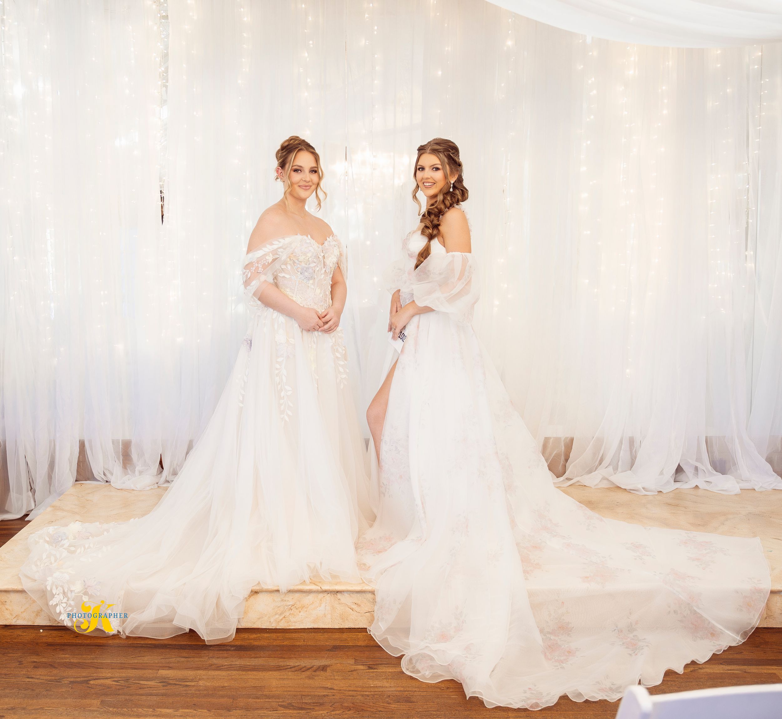 A collection of wedding dress photos showing various angles of a white lace gown with delicate details and flowing train.