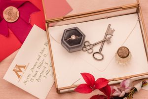 Vintage key and hexagonal box displayed with red paper petals and a handwritten note in a romantic flatlay composition in golden gate park