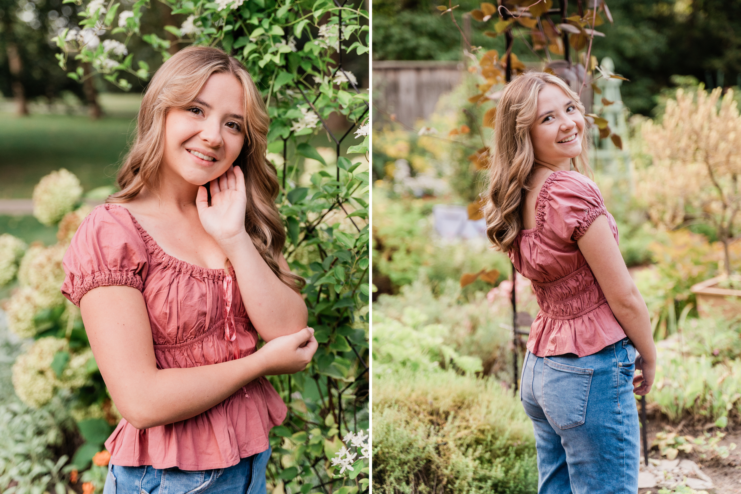 A person in a pink ruffled top and jeans poses in a lush garden setting during a summer photo session.