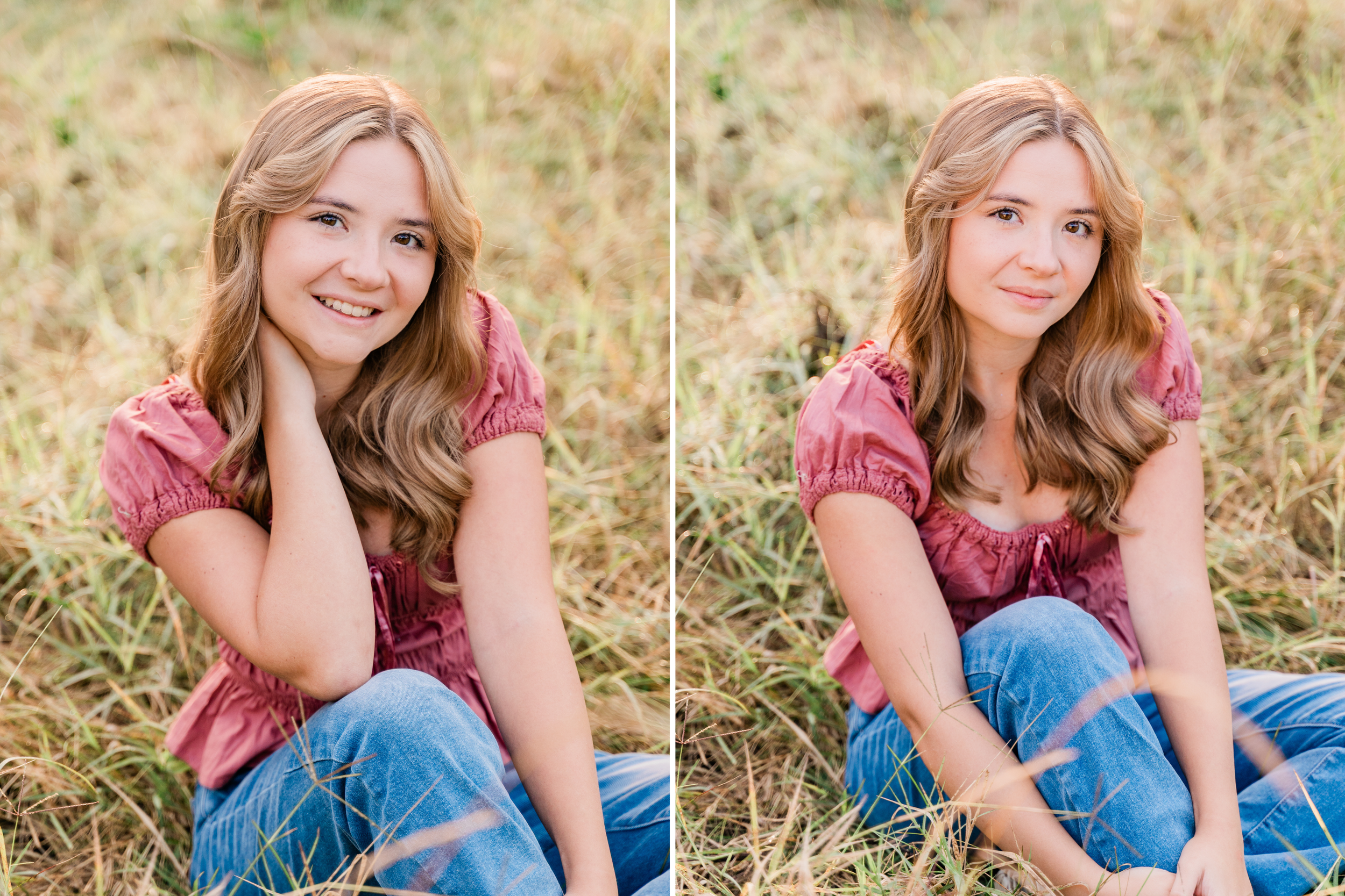 A series of outdoor portrait shots showing someone in a pink top and jeans sitting in a grassy field.