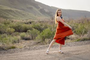 Swan Falls Dam Kuna Idaho spring woman in orange dress