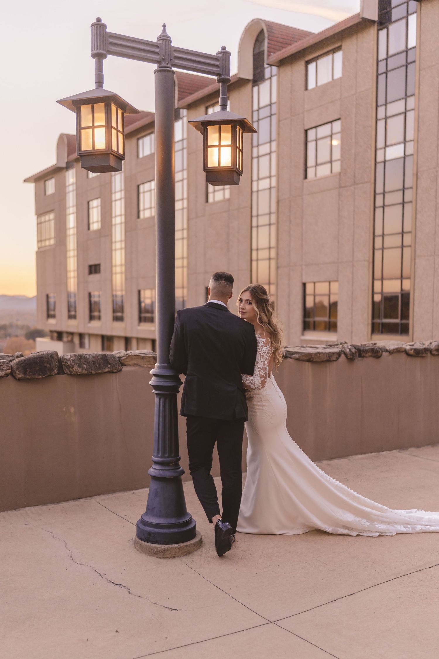 Bride and groom sunset portraits at Omni Grove Park Inn and Spa - Charlotte wedding photographers Adam and Erika of Snook Photo + Co
