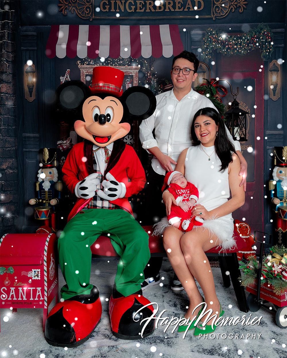 Holiday photo session with Mickey Mouse character against festive Christmas backdrop with snowflake effects.