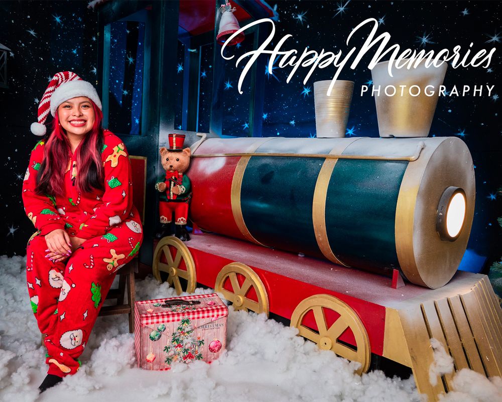 Festive Christmas display featuring decorative train, snow, and holiday props.