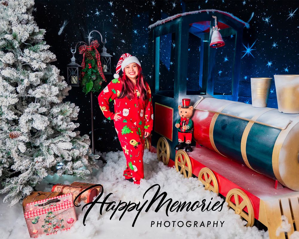 Christmas photography set with wooden sleigh, flocked trees, and falling snow effect.