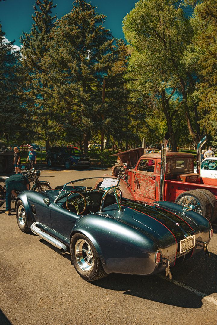 Multiple dark vintage hot rods and custom cars lined up at an outdoor show with pine trees in the background.