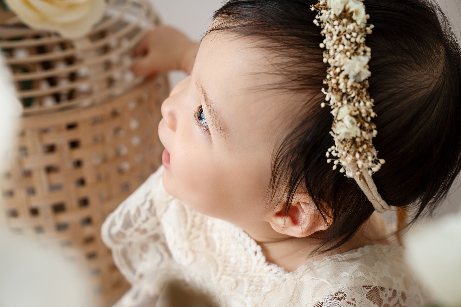 Close-up portrait series with delicate white flowers and lace details.