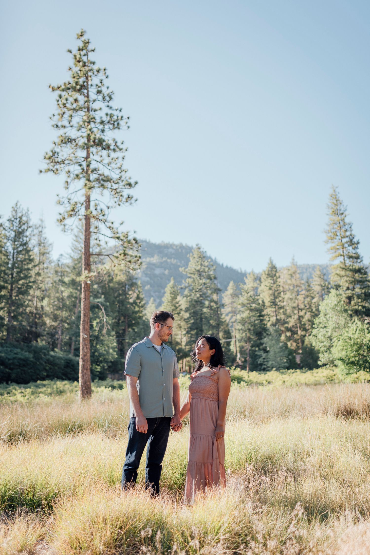 Walking couple in a mountaintop meadow surrounded by tall pine trees in the wilderness at sunset.