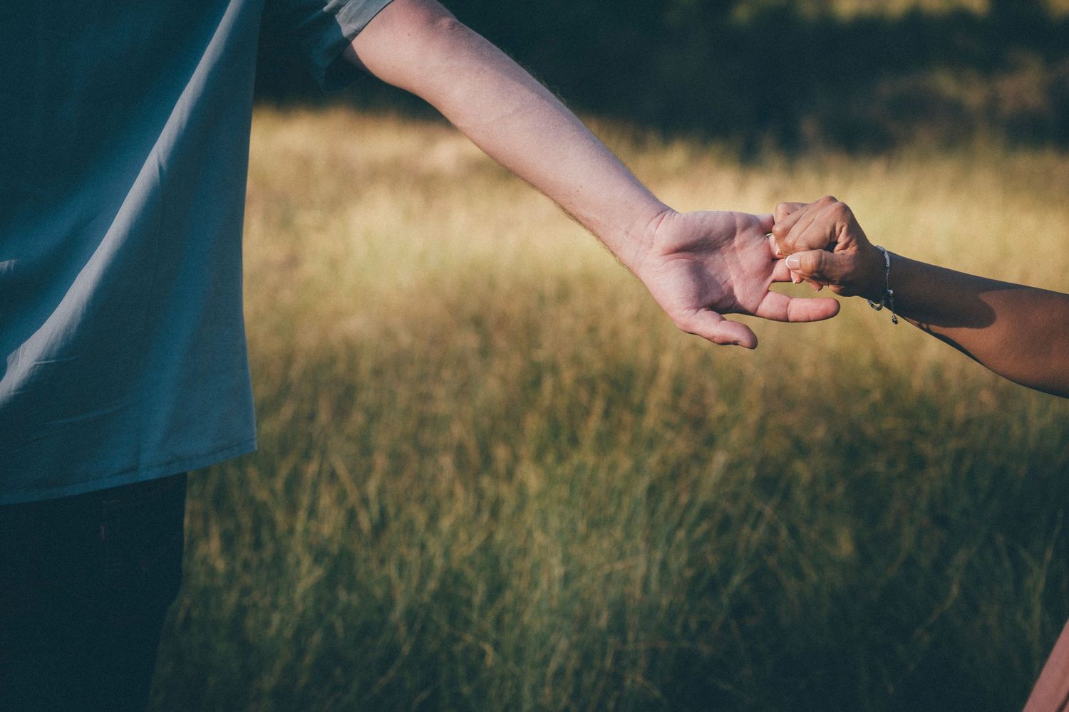 Two hands grasping each other in a supportive gesture against a blurred field of golden grass at sunset.