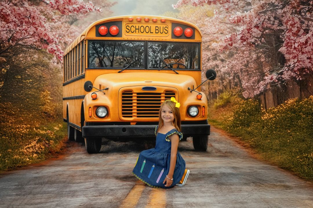 A yellow school bus parked on a road surrounded by pink cherry blossom trees in autumn creates a dreamy backdrop.